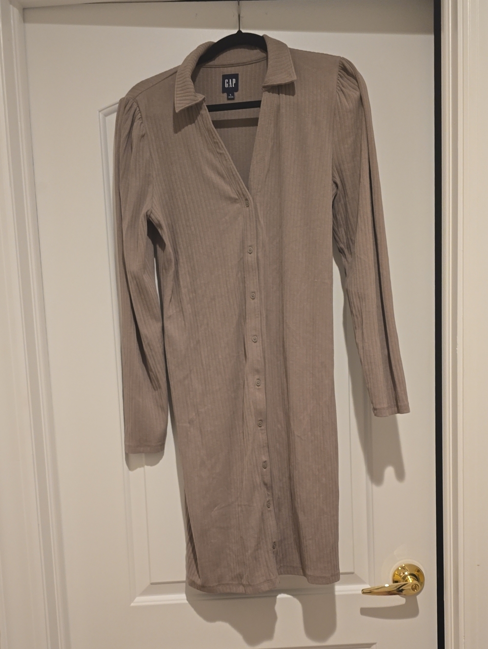 GAP Long-Sleeve, Collared Button-Front Ribbed Dress in Taupe